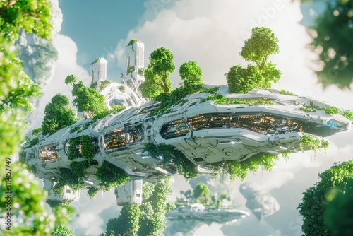 Biointegrated Spaceship Floating Amidst Lush Green Trees photo