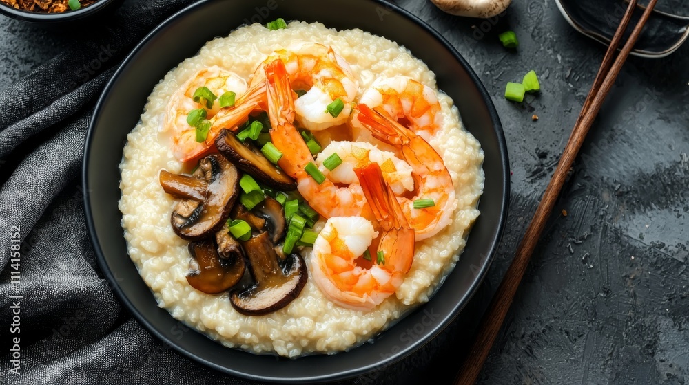 Khao porridge concept. A delicious bowl of creamy rice with shrimp, mushrooms, and green onions, presented in a stylish black dish. Khao porridge concept. A delicious bowl of creamy rice with shrimp, mushrooms, and green onions, presented in a stylish black dish.
