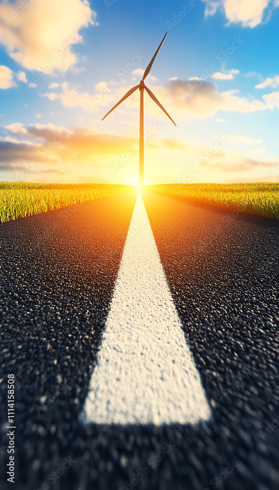 Obraz premium Road stretches towards wind turbine, by stunning sunset, symbolizing renewable energy.