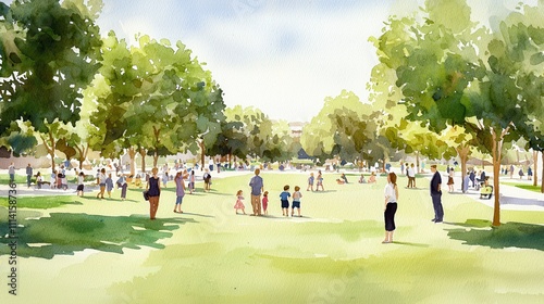 People and community gathering concept. A vibrant park scene filled with families enjoying leisure time under lush trees. watercolor style.