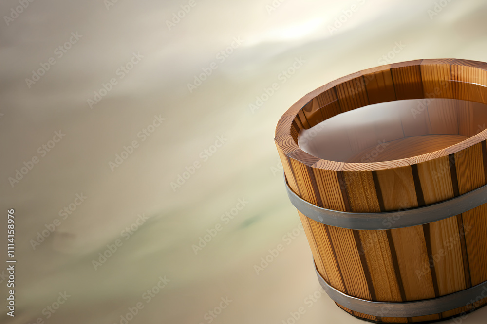 Clear Fresh Water in Wooden Bucket Container, Vibrant Wood Grain Clear Fresh Water in Wooden Bucket Container, Vibrant Wood Grain