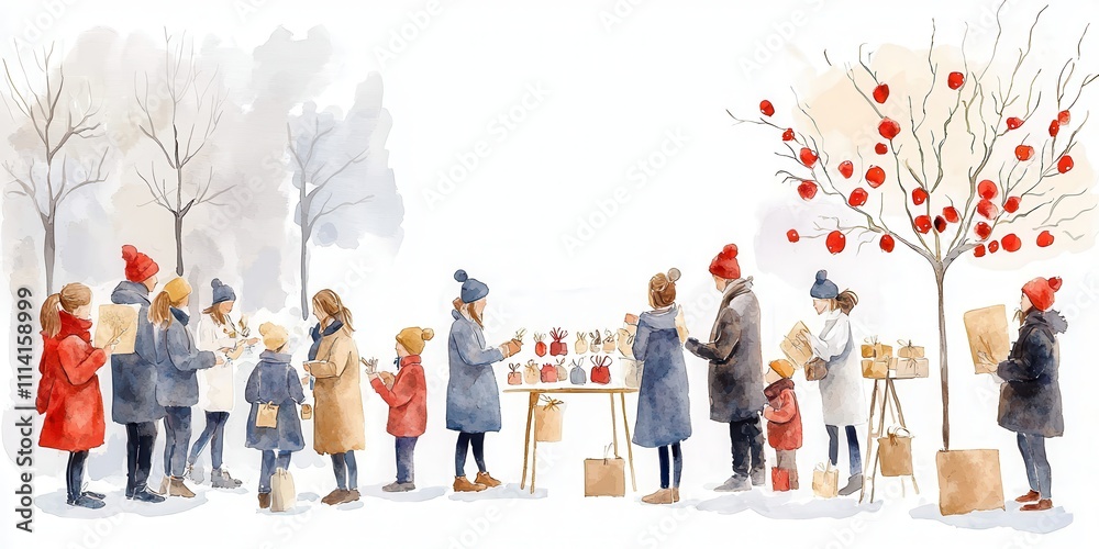 Fototapeta premium People and community gathering concept. Winter scene with people in colorful coats enjoying a festive market with trees and decorations. watercolor style.