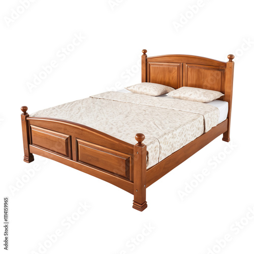 Wooden bed with pillows isolated on transparent background