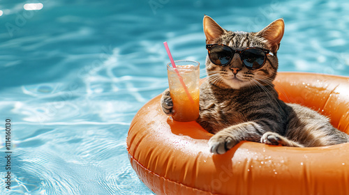 A cool cat lounges in a pool float with sunglasses and a drink, embodying summer vibes and relaxation. photo