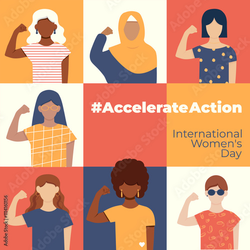 #AccelerateAction.  IWD2025. International Women's Day. Accelerate Action. Women of Different ethnicities together. Square Banner. March 8. Faceless vector illustration.