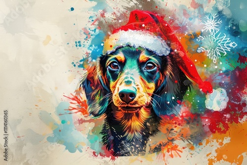 dog with colorful watercolor splashes and christmas hat on textured background
