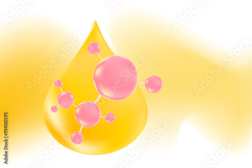 Glowing golden 3d hair oil drop or collagen droplet molecule formula, with light yellow liquid background. Hyaluronic acid serum chemical formula wallpaper with copy space. Beauty treatment, cosmetics