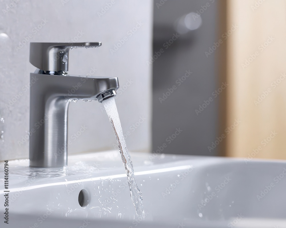 bathroom hygiene sparkle Concept. Modern faucet with flowing water in a stylish bathroom setting. bathroom hygiene sparkle Concept. Modern faucet with flowing water in a stylish bathroom setting.