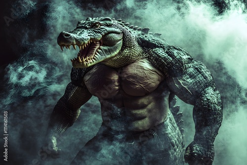 muscular humanoid crocodile with anthropomorphic reptile features in a fantasy setting surrounded by smoke and surreal design photo