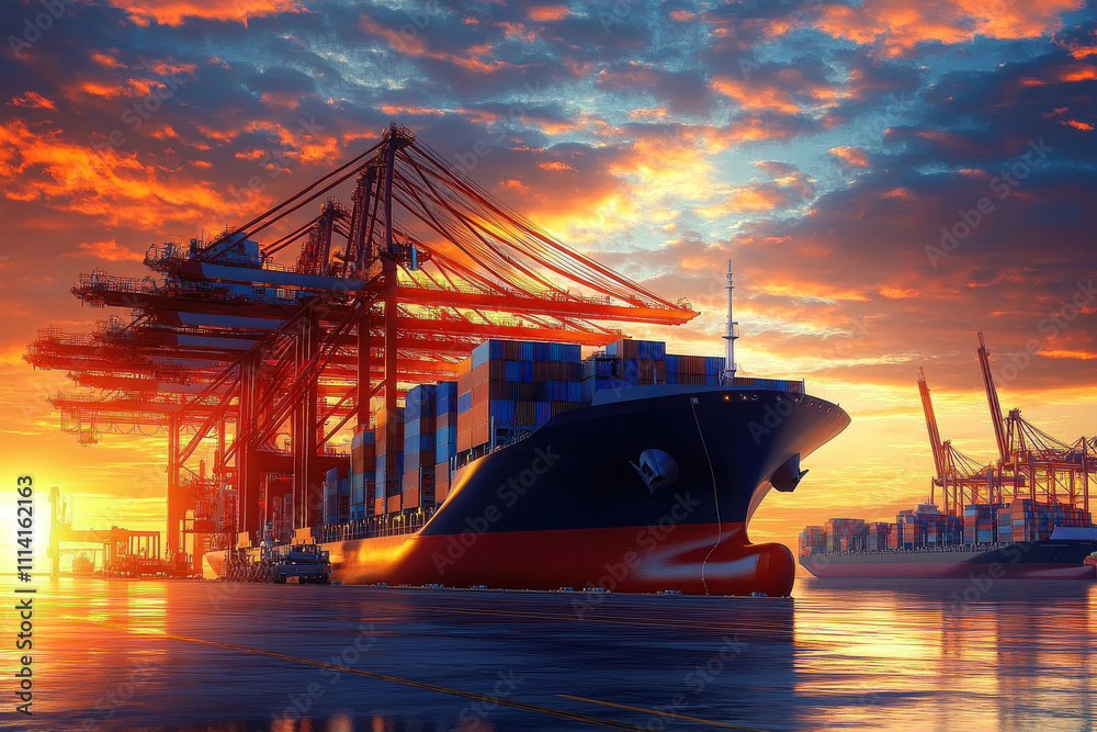 Fototapeta premium Hyper-realistic container ship docked at a busy harbor, sunset industrial landscape