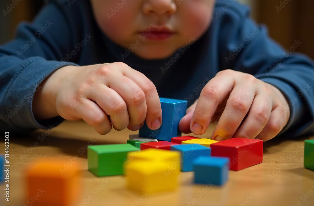 Child playing with children toy cubic blocks in the playroom. AI Generative Child playing with children toy cubic blocks in the playroom. AI Generative