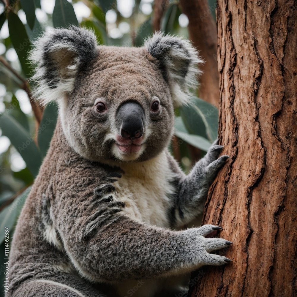 Obraz premium A koala hugging a eucalyptus tree.