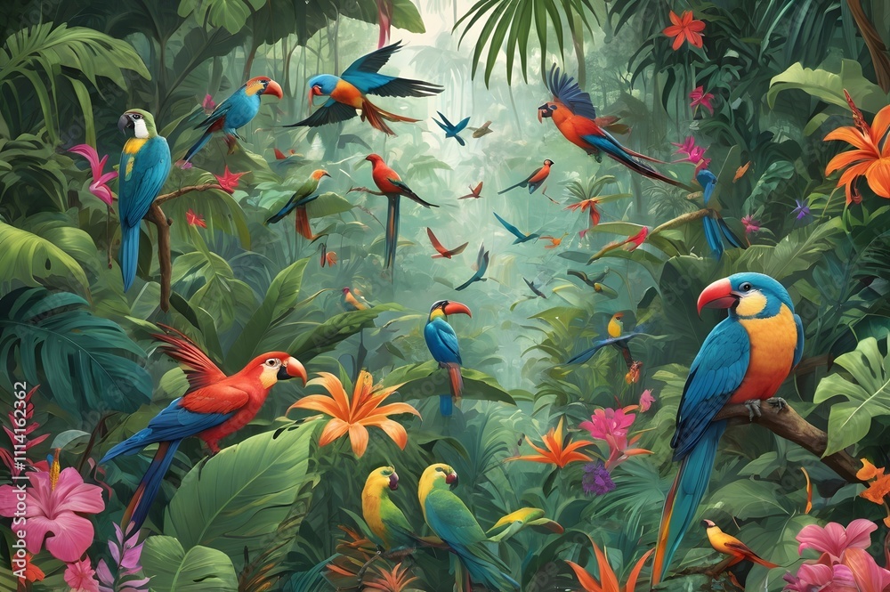 Fototapeta premium A Vibrant Illustration Of A Tropical Jungle Filled With Colorful Birds, Exotic Flowers, And Lush Greenery