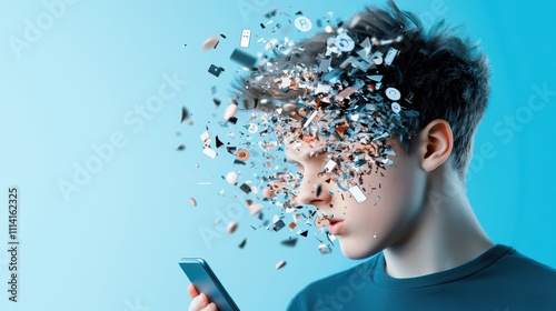 A young person gazes at a smartphone, while their head appears to dissolve into digital fragments, symbolizing technology's impact on the mind.