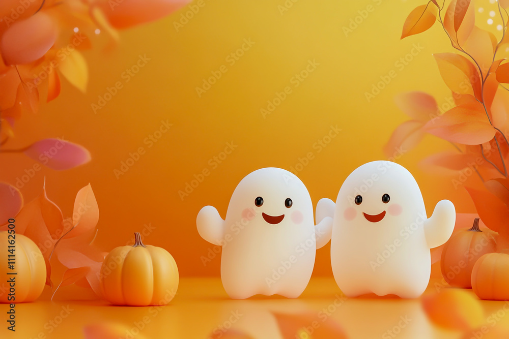 Two cute, smiling ghosts standing next to each other, against an orange background with pumpkins and leaves. Two cute, smiling ghosts standing next to each other, against an orange background with pumpkins and leaves.