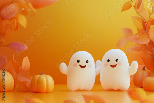 Two cute, smiling ghosts standing next to each other, against an orange background with pumpkins and leaves. photo