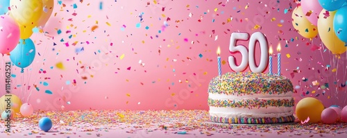 50th birthday card. Vibrant celebration scene with a large 50 balloon, a cake with candles, and colorful confetti on a pink background.