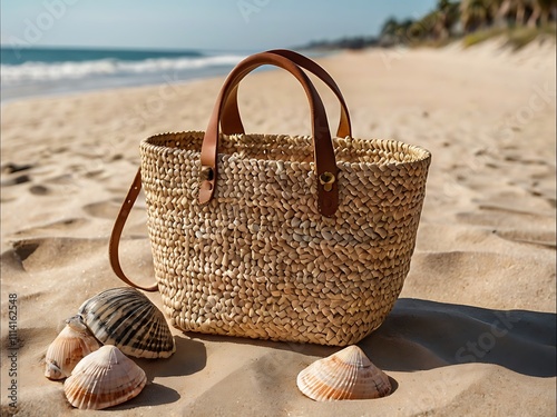 Beach Bag With Shells On Sandy Shore photo