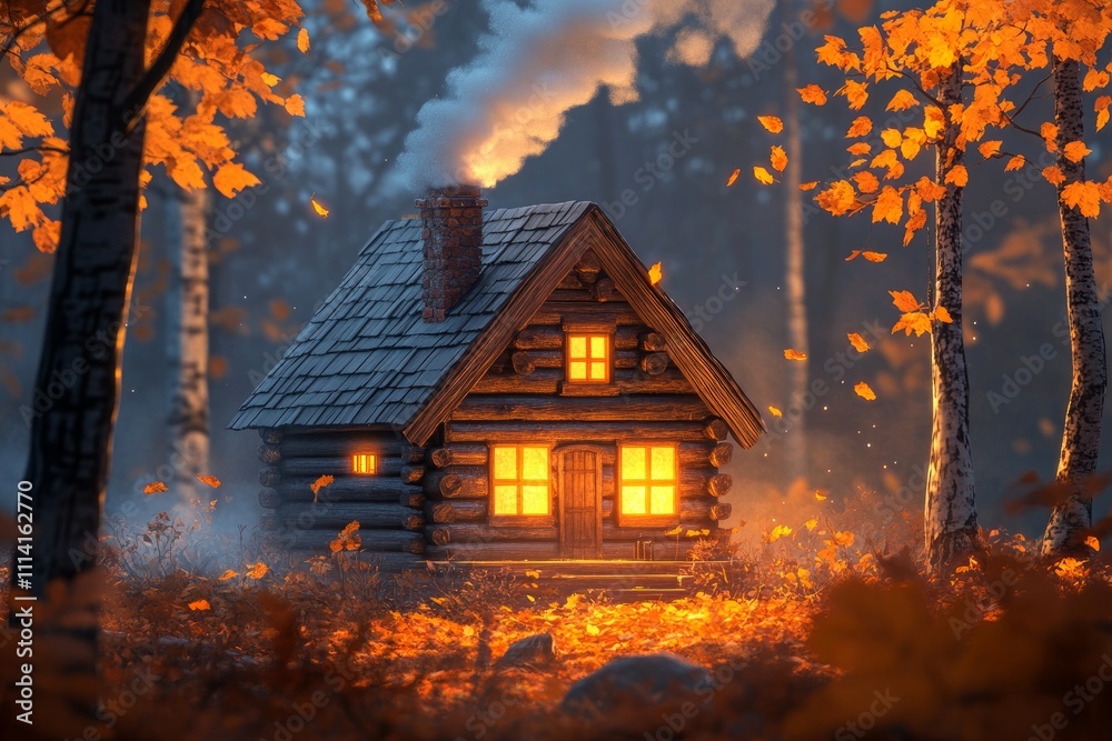 Cozy cabin amid autumn foliage at twilight. Generative AI Cozy cabin amid autumn foliage at twilight. Generative AI