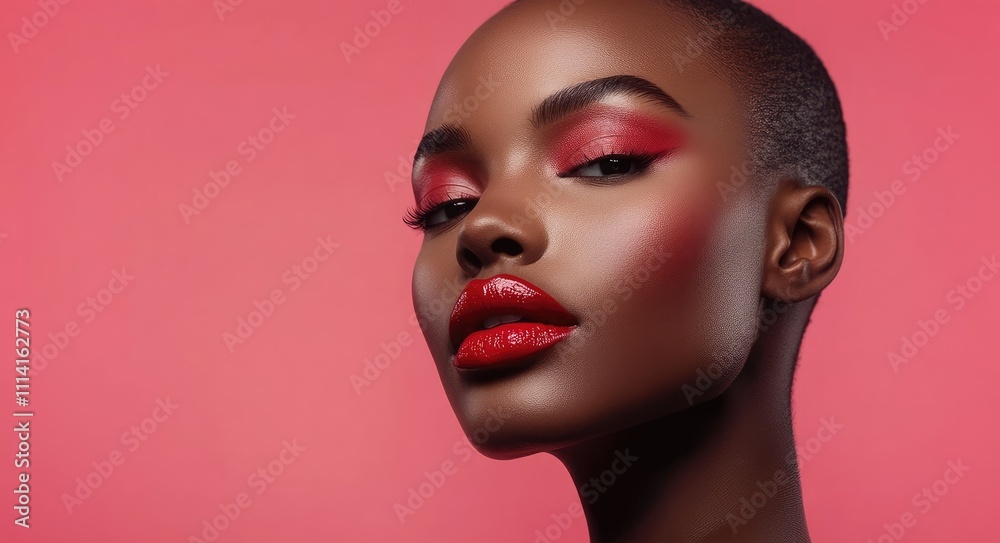Minimalist red makeup on the face of an attractive woman with full lips, against a pink background Minimalist red makeup on the face of an attractive woman with full lips, against a pink background