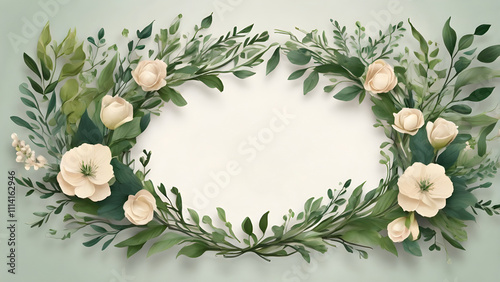 A frame and wreath of lush green leaf branches, ideal for wedding invitations or nature-themed occasions.