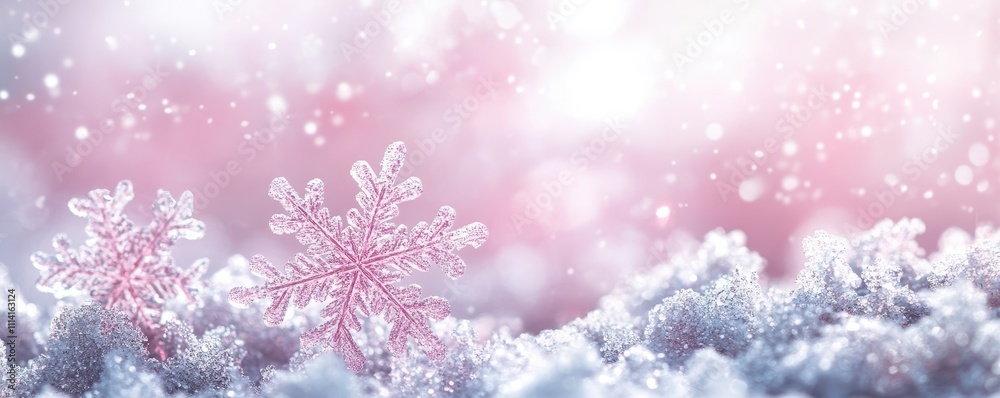 Soft pink and white copy space over a winter background with blurred snowflakes Soft pink and white copy space over a winter background with blurred snowflakes