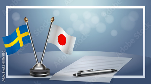 Sweden and Japan Small national flag on bokeh background, cooperative relationship