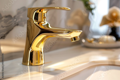 A close-up of a golden faucet against a marble countertop, with reflections of the luxurious surroundings visible on its surface.