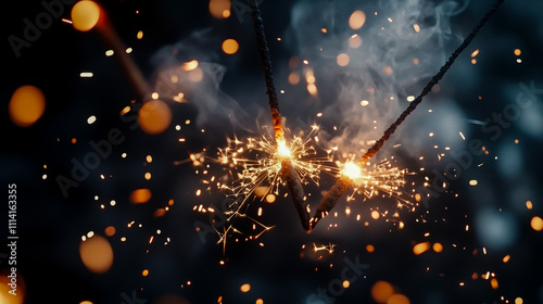 Two sparkling Bengal fire sparklers burning on a black background. New Year's concept. photo