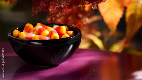 Candy Corn in Black Bowl Against Autumnal Background photo