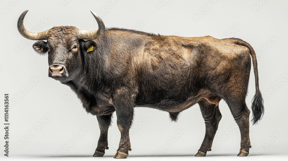 Powerful aurochs bull standing on a white background looking at us, farm animal breeding concept Powerful aurochs bull standing on a white background looking at us, farm animal breeding concept