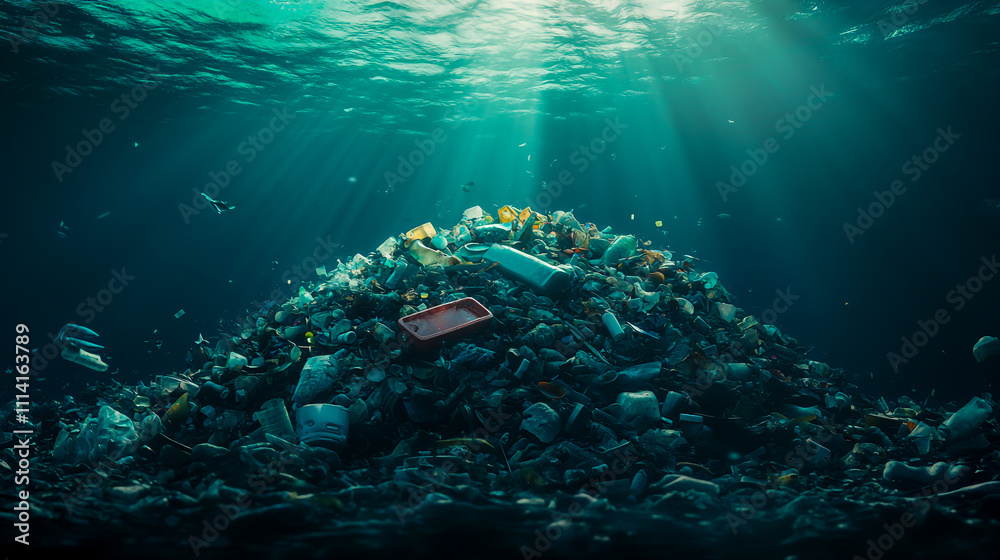 Fototapeta premium Underwater pile of trash and plastic waste, highlighting environmental pollution in the ocean.