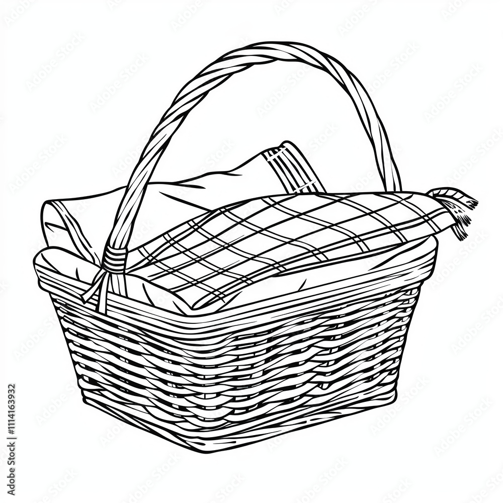 Obraz premium A wicker basket with a plaid blanket inside, ready for a picnic in the park on a sunny summer day. Coloring book