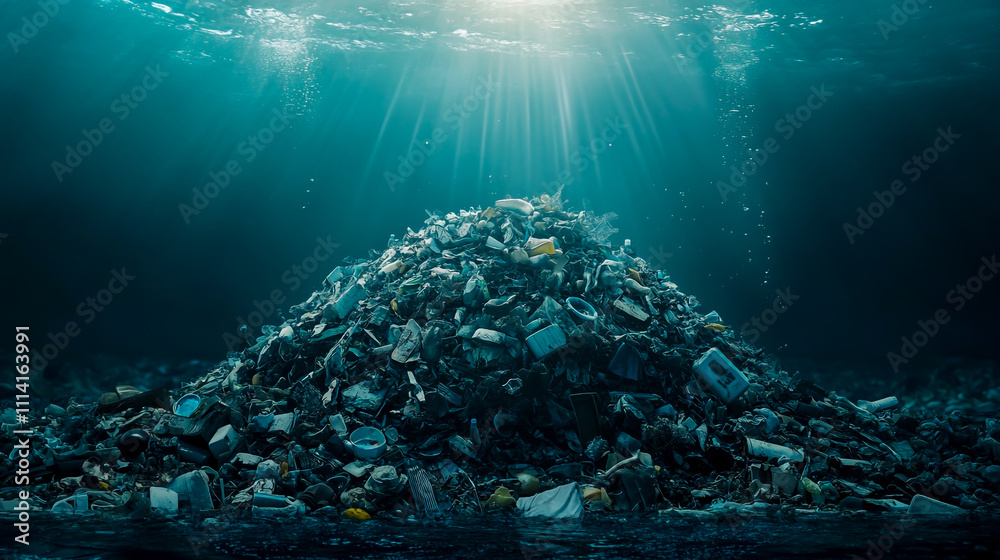 Obraz premium Underwater pile of trash and plastic waste, highlighting environmental pollution in the ocean.