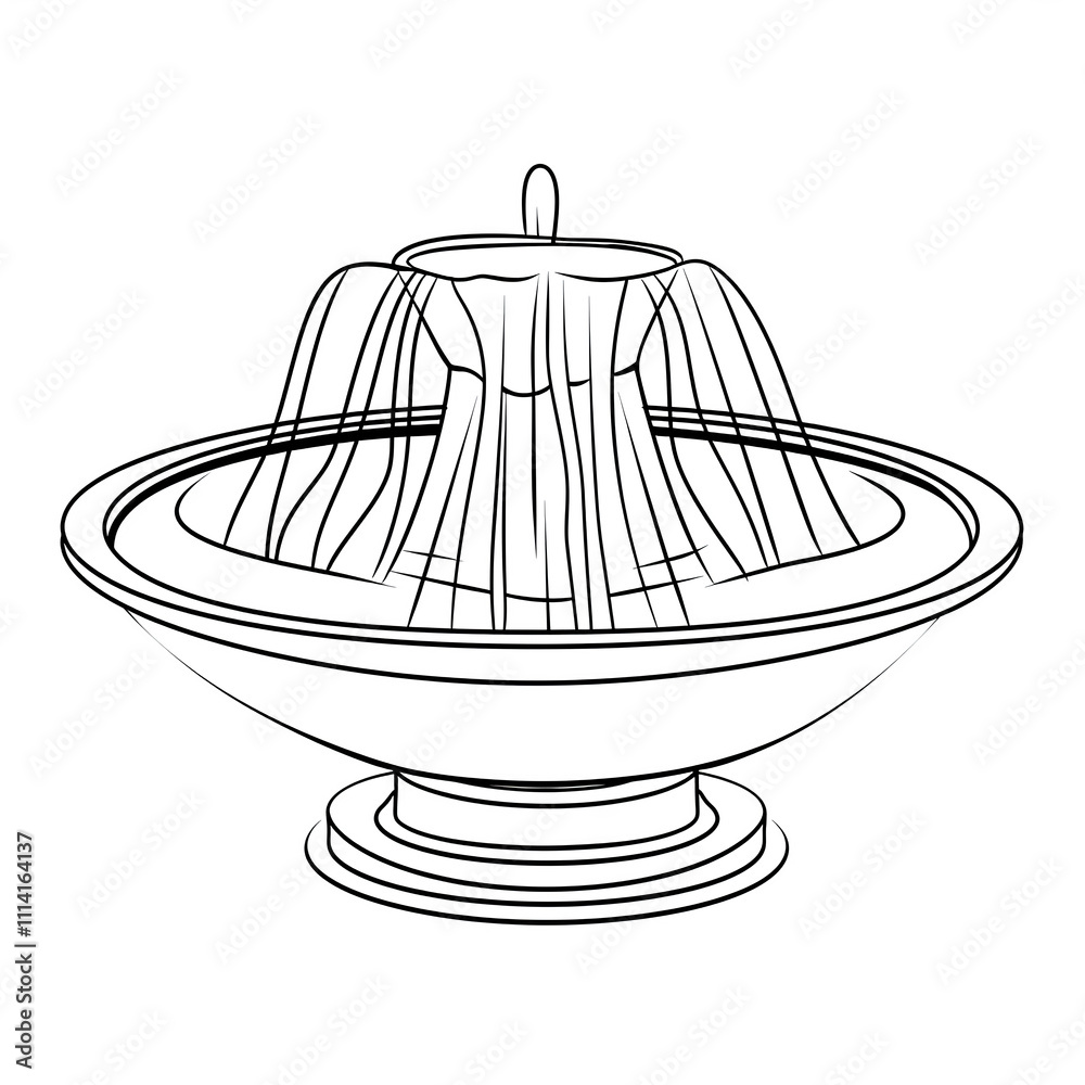 A black and white illustration of a fountain with water cascading down into a large, bowl-shaped basin. Coloring book A black and white illustration of a fountain with water cascading down into a large, bowl-shaped basin. Coloring book