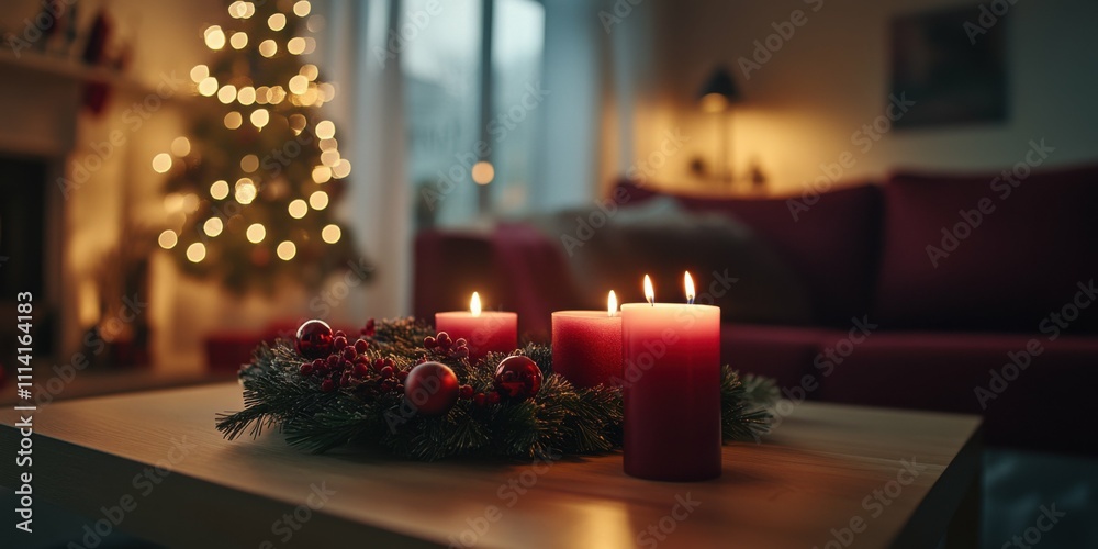 Medium shot of an advent wreath sitting on a coffee table in a warmly lit living room, with the first candle already lit, creating a cozy holiday ambiance. Medium shot of an advent wreath sitting on a coffee table in a warmly lit living room, with the first candle already lit, creating a cozy holiday ambiance.