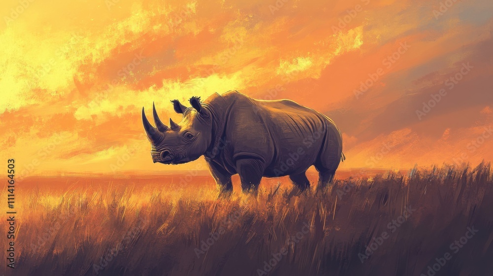 Fototapeta premium Rhino standing in a grassy field, majestic and powerful, wildlife and nature.