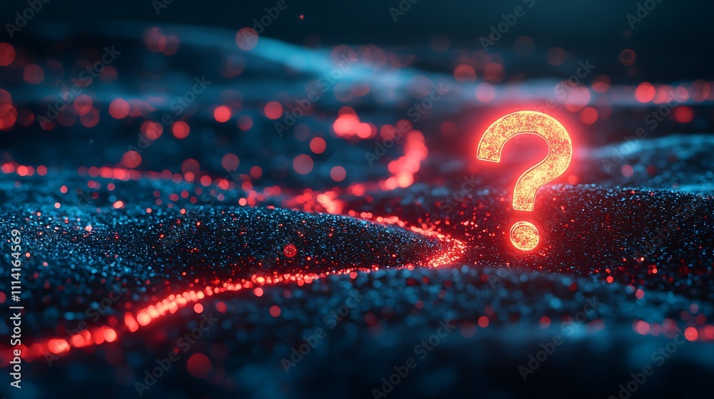 Glowing question mark on dark, particle background. Glowing question mark on dark, particle background.