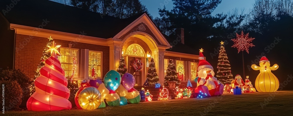 Fototapeta premium Inflatable Christmas decor adding vibrant hues to a beautifully lit yard