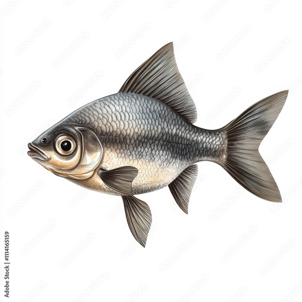 Plump chub fish illustration in front view with prominent fins, perfect for aquatic-themed designs, isolated on a white background. Plump chub fish illustration in front view with prominent fins, perfect for aquatic-themed designs, isolated on a white background.