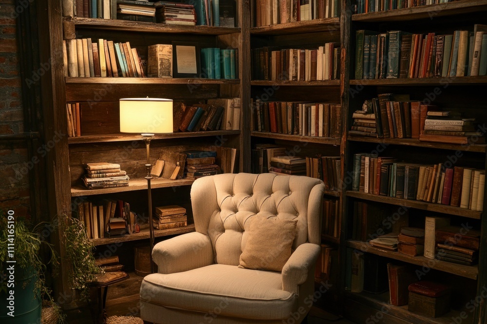 Cozy reading nook with bookshelves and armchair. Generative AI Cozy reading nook with bookshelves and armchair. Generative AI