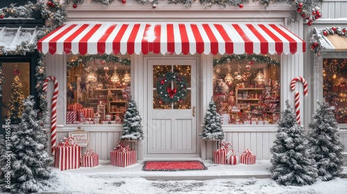 Candy Store Christmas Backdrop with White door and red-striped awning, candy canes, wreath on the white wooden front doors, Christmas trees, decorations, and candies in the windows.