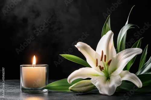 Peaceful scene of a white lily and burning candle on a dark background, remembrance theme