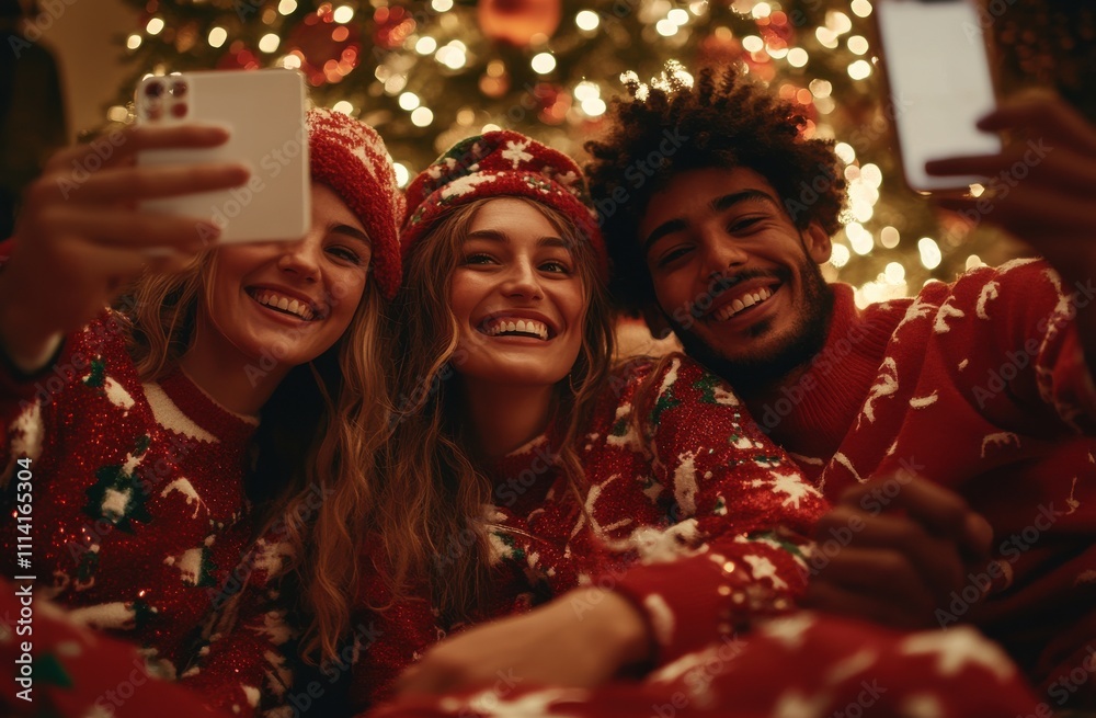 A joyful group of friends capturing a festive selfie in front of a beautifully decorated Christmas tree during the holiday season A joyful group of friends capturing a festive selfie in front of a beautifully decorated Christmas tree during the holiday season