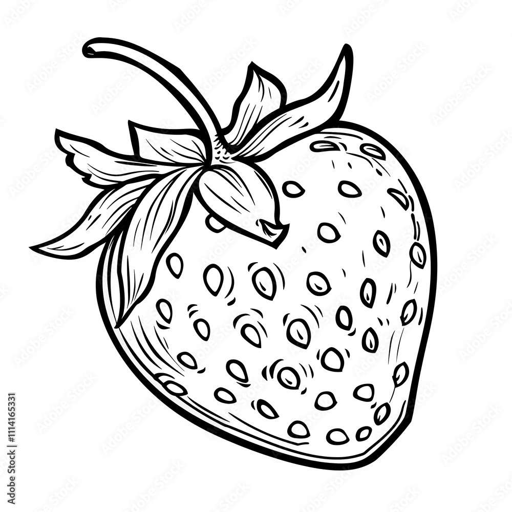 A line drawing of a strawberry, with a detailed stem and leaves, against a white background. Coloring book A line drawing of a strawberry, with a detailed stem and leaves, against a white background. Coloring book
