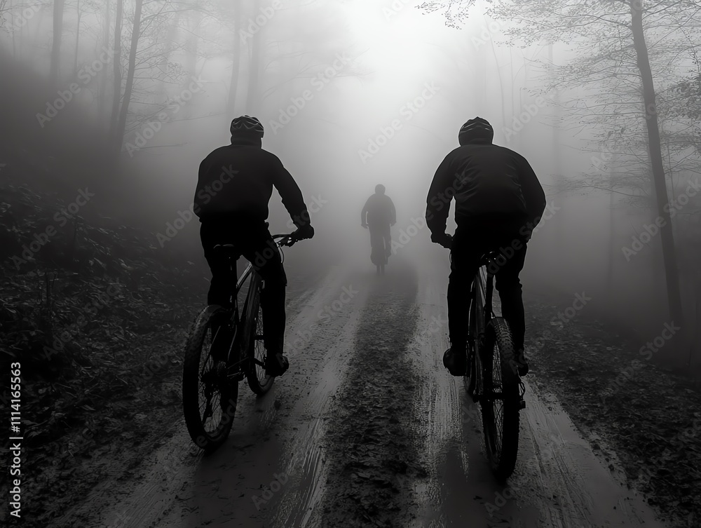 Obraz premium Mountain bikers in masks racing down a foggy hill, focus on muddy tire trails, dynamic, silhouette with fading trees, adrenaline in mist