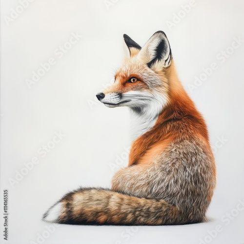 An isolated Red fox from a side angle is captured on a white background.