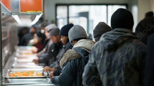 People lined up at a soup kitchen, waiting for a meal, reflecting the reality of food insecurity in urban areas.