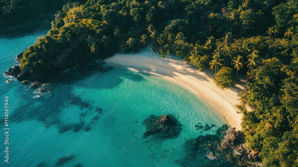 Obraz premium crystal clear turquoise waters, tropical island with lush palm trees, golden sand beach, perfect for a paradise escape and relaxation