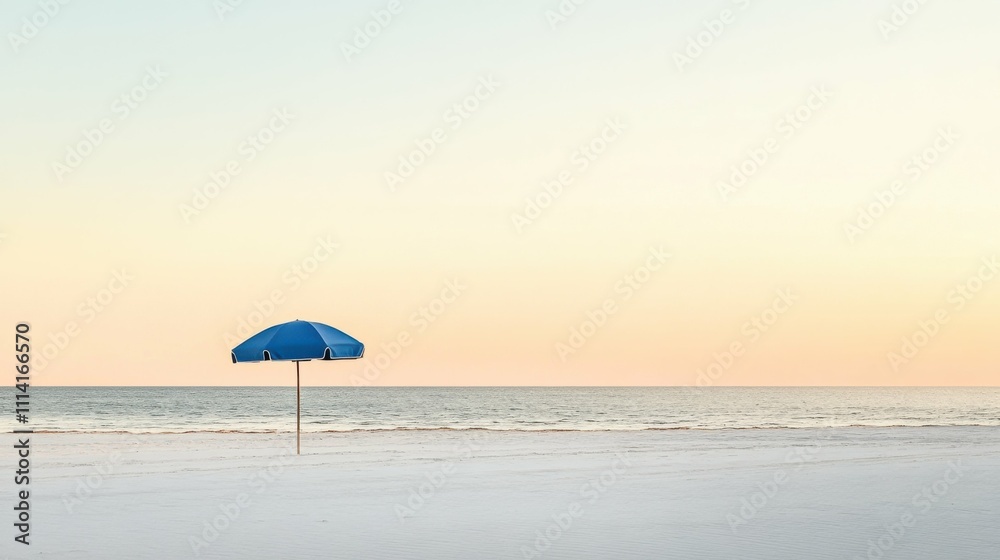 Minimalist beach scene with a single blue umbrella, soft golden light reflecting on white sand, isolated in a serene and peaceful coastal setting